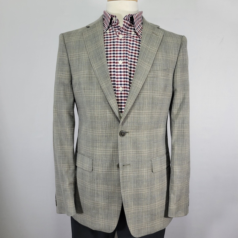 Calvin Klein Men's Sport Coat Blazer Gray Plaid Wool Linen Poly Extreme Slim 40R